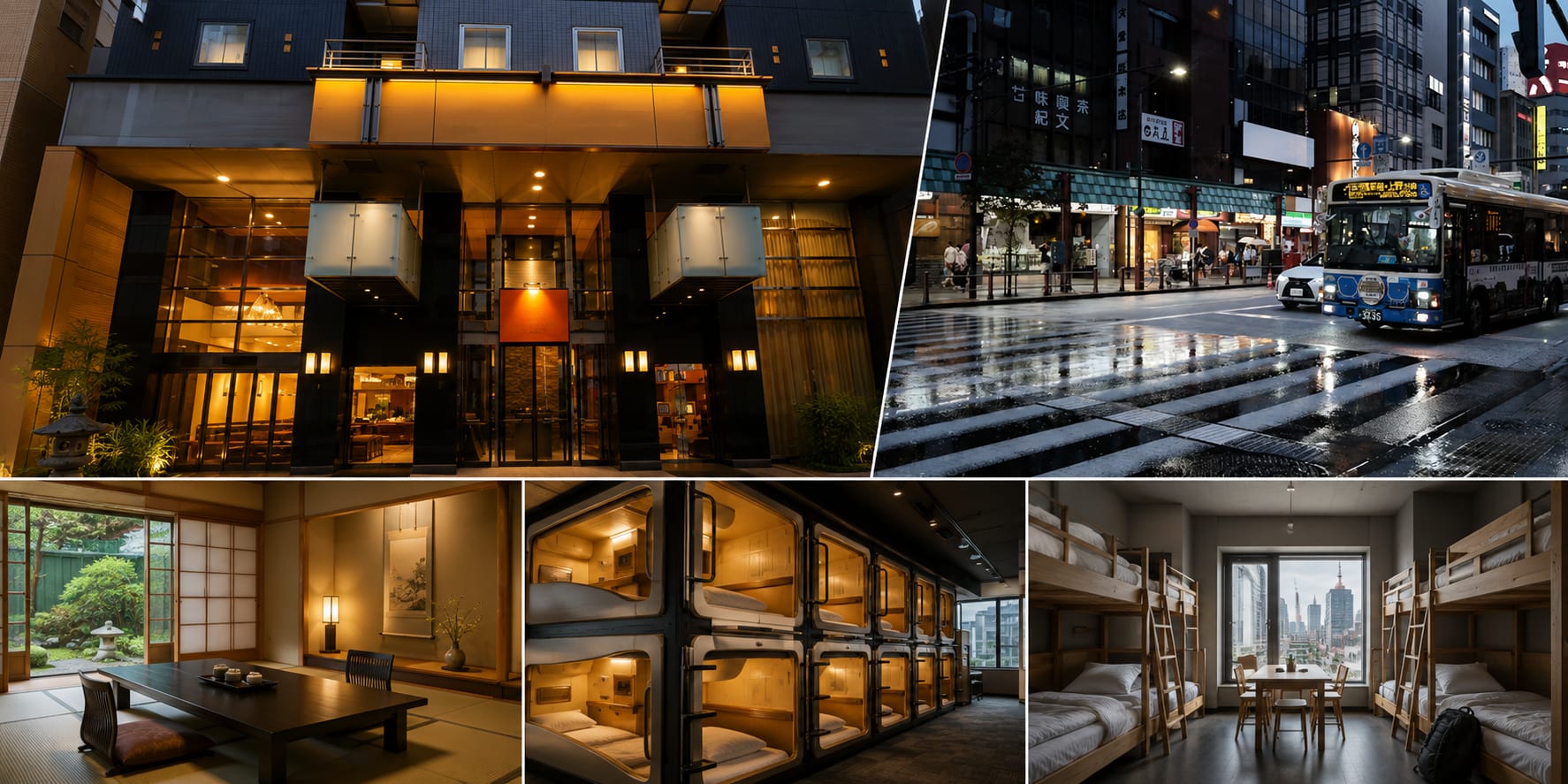 Collage of Japan lodging types: a modern hotel entrance, a city street, a ryokan tatami room, capsule hotel pods, and a hostel bunk room